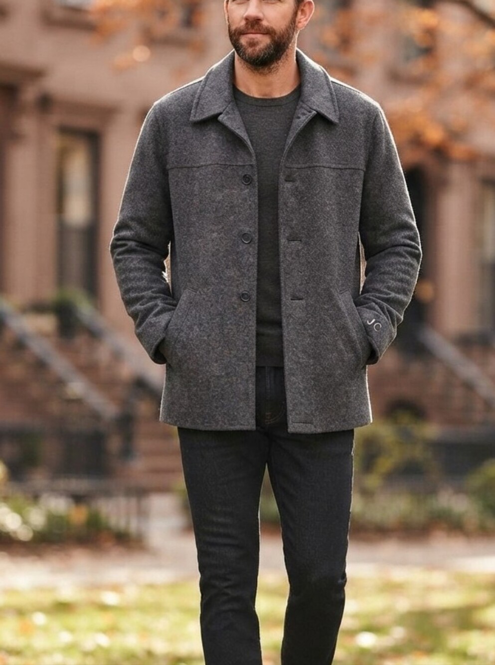 Men's Charcoal Wool-Blend Button Jacket